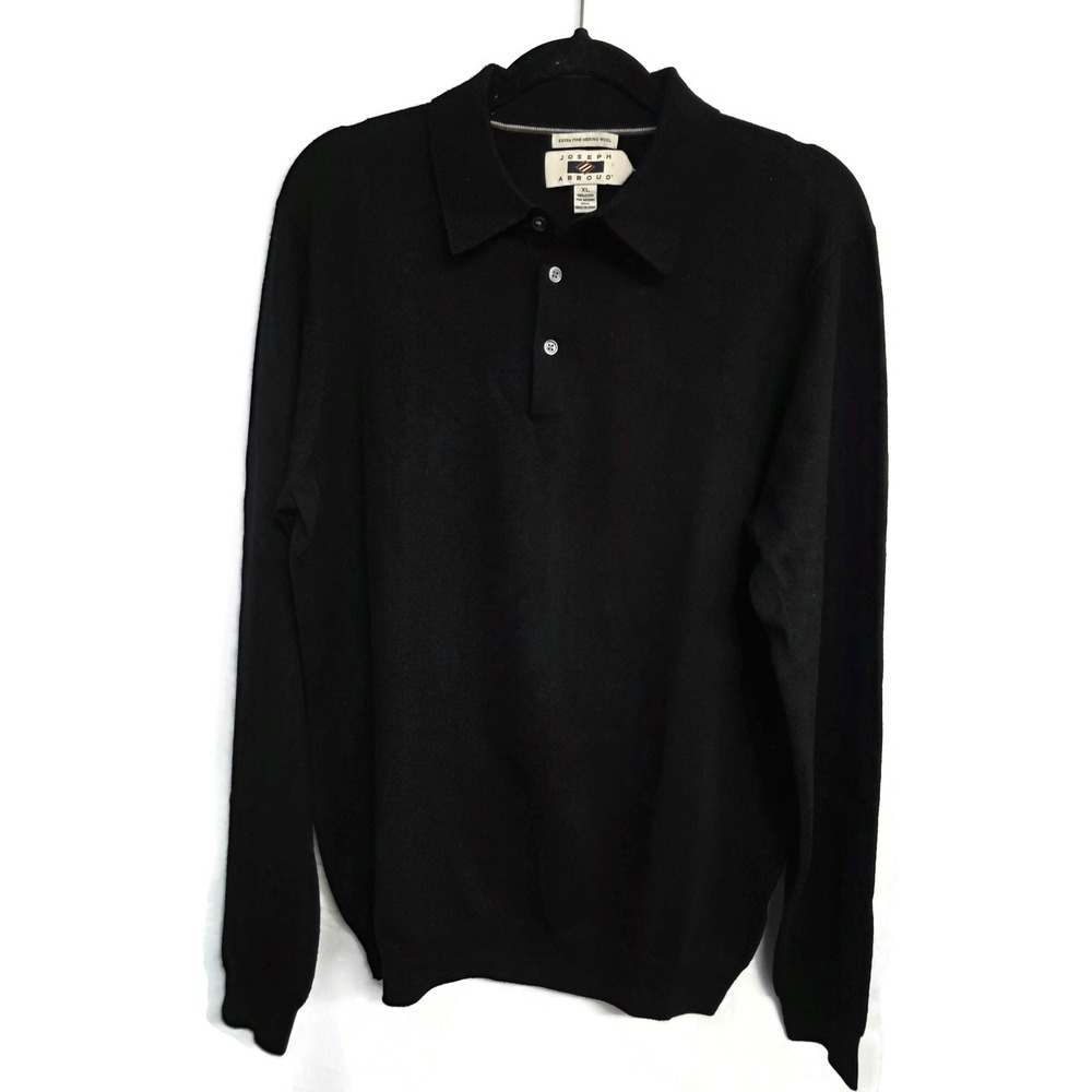 Joseph Abboud Mens XL Black Extra Fine Merino Wool Long Sleeve Polo Sweater